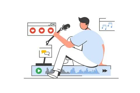 Podcast streaming outline web concept with character scene. Man speaking in.. Illustrazione stock
