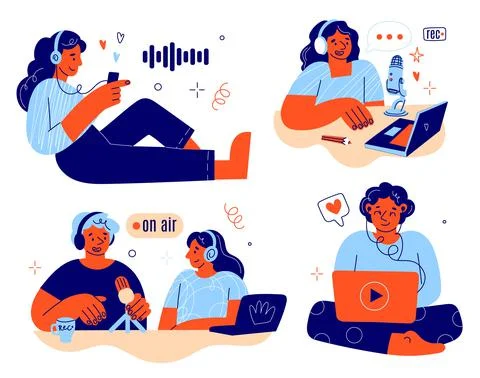 Podcast streaming people. Audio program makers use equipment, man and woman Stock Illustration