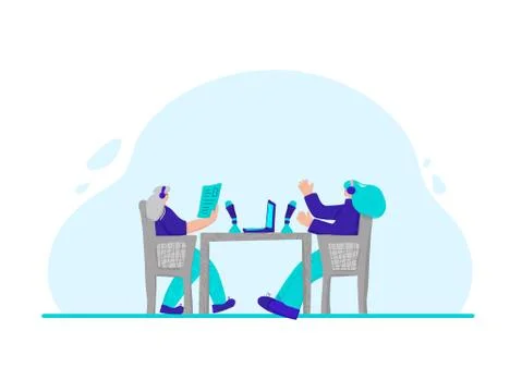 Podcast studio concept. Cute different ages women sitting at the desk and tal Stock Illustration