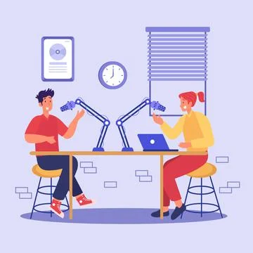 Podcast in studio flat vector illustration. Radio host interviewing guests on Stock-Illustration