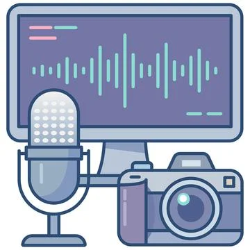 Podcast studio microphone camera and screen flat outline icon. Stock-Illustration