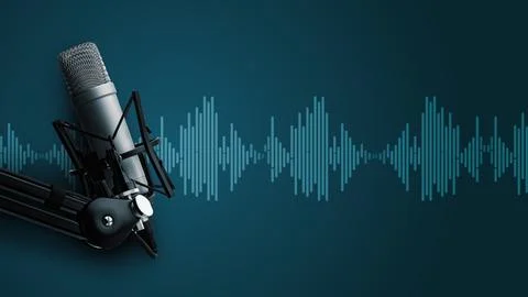 Podcast studio setup shows microphone and audio wave pattern on blue background Stock Photos