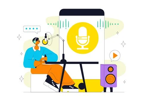 Podcast Studio Vector Illustration Featuring People Using Headsets to Recor.. Stock Illustration