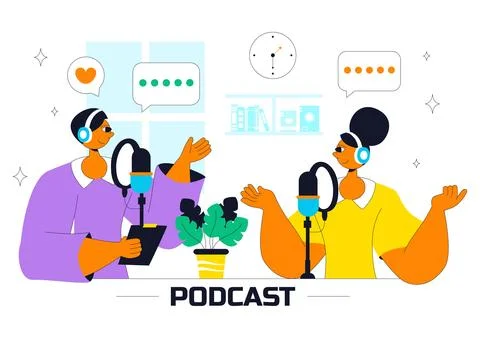 Podcast Studio Vector Illustration Featuring People Using Headsets to Recor.. Stock Illustration