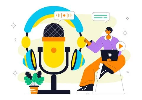 Podcast Studio Vector Illustration Featuring People Using Headsets to Recor.. Stock Illustration