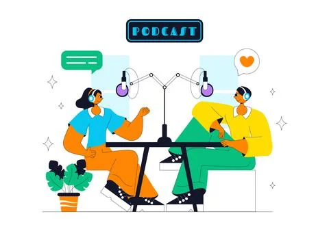 Podcast Studio Vector Illustration Featuring People Using Headsets to Recor.. Stock Illustration