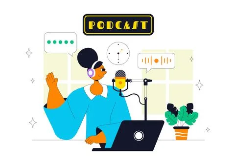 Podcast Studio Vector Illustration Featuring People Using Headsets to Recor.. Illustration