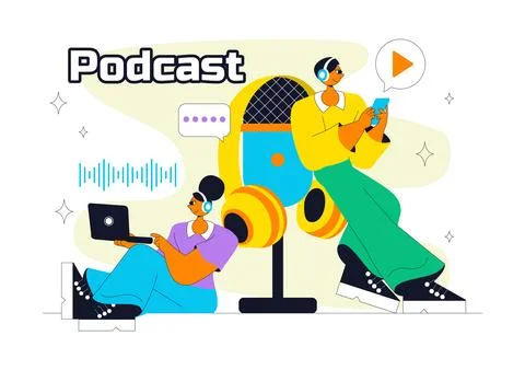 Podcast Studio Vector Illustration Featuring People Using Headsets to Recor.. Stock Illustration