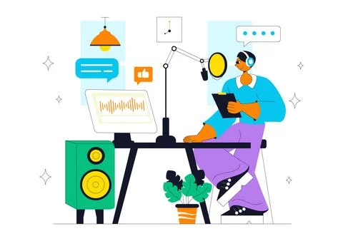 Podcast Studio Vector Illustration Featuring People Using Headsets to Recor.. Stock Illustration