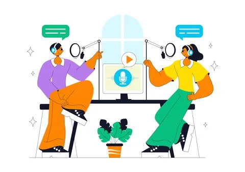 Podcast Studio Vector Illustration Featuring People Using Headsets to Recor.. Stock Illustration