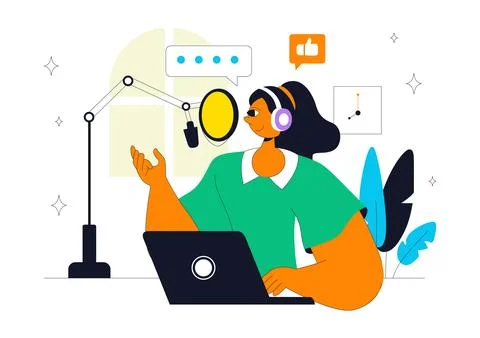 Podcast Studio Vector Illustration Featuring People Using Headsets to Recor.. Stock Illustration
