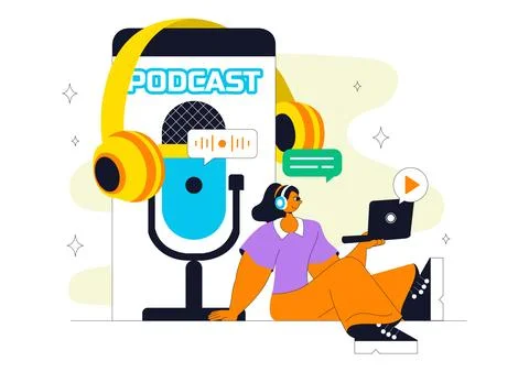 Podcast Studio Vector Illustration Featuring People Using Headsets to Recor.. Stock Illustration