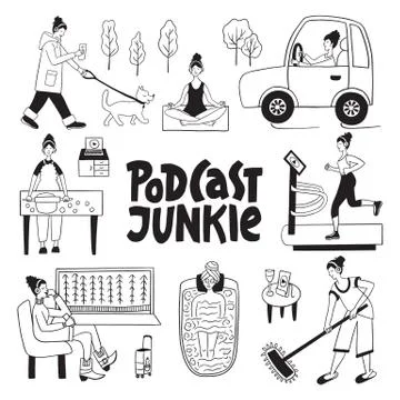 Podcast Vector Concept. Podcasts and multitasking Stock Illustration