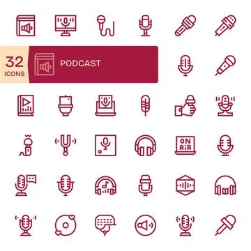 Podcast Vector Icon Set with 32 Bold Line Retina Ready Detail Enhanced Graphi Stock Illustration