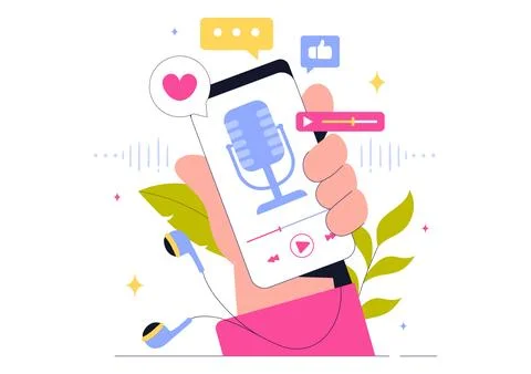Podcast Vector Illustration featuring People Using Headsets to Record Audio.. Illustrazione stock