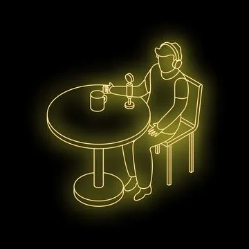 Podcaster broadcasting live in neon style, creating engaging audio content Stock Illustration