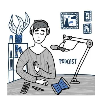 Podcaster concept in doodle style. Boy recording a podcast in a studio. Stock Illustration