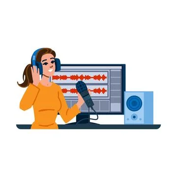 Podcaster creating audio content with professional microphone and headphones Illustrazione stock