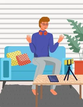 Podcaster making, blogger, technology concept. Young man cartoon character Stock Illustration