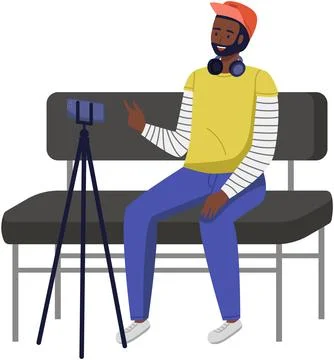 Podcaster making, blogger, technology concept. Young man cartoon character Stock Illustration