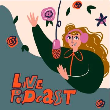 Podcaster, radio host with mic vector illustration. Podcast studio and media  Stock Illustration