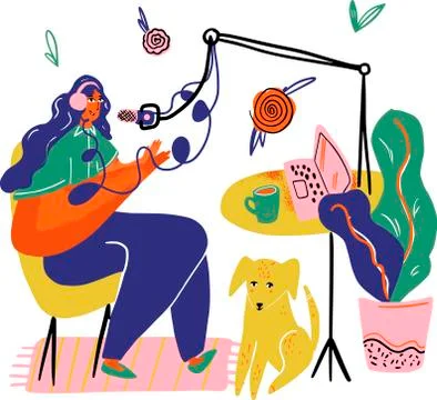 Podcaster, radio host with mic vector illustration. Podcast studio and media  Stock Illustration