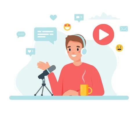 Podcaster talking to microphone recording podcast. Concept vector illustration Ilustración de archivo