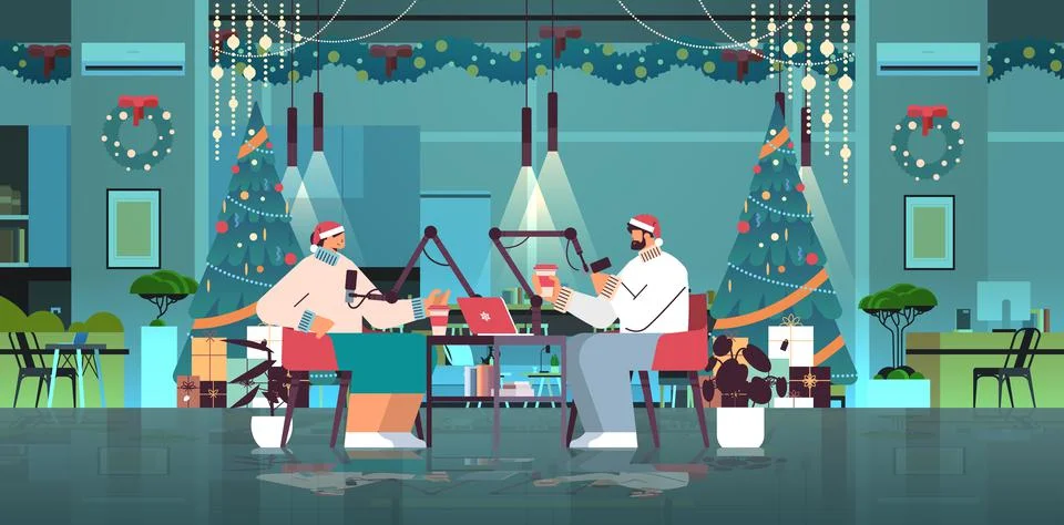 Podcasters in santa hats talking to microphones recording podcast in decorated Stock Illustration