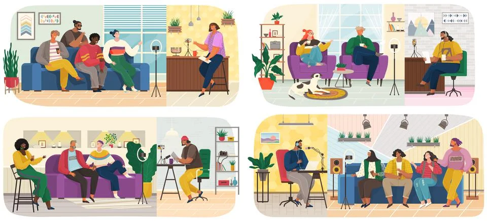 Podcasters scenes set. Journalist interviews guests of studio. People create Illustrazione stock