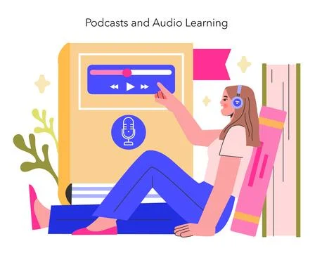 Podcasts and Audio Learning concept A learner tunes into an educational podcast Illustrazione stock
