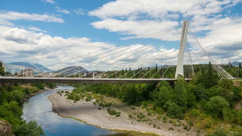 Podgorica Montenegro - Millennium cable stayed bridge over Moraca river Stock Footage 135533582