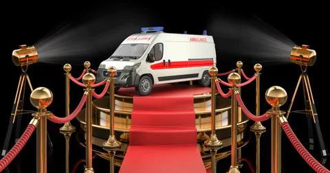 Podium with ambulance van. 3D rendering Illustrazione stock