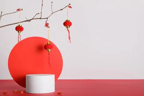 Podium with Chinese decor on light background Stock Photos