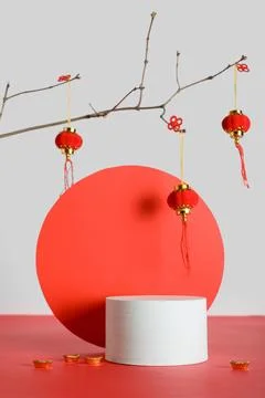 Podium with Chinese decor on light background Stock Photos