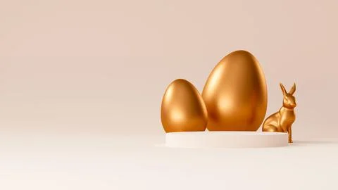 Podium decorated with golden Easter eggs and rabbit. Easter concept backdrop. 3d Stockillustratie