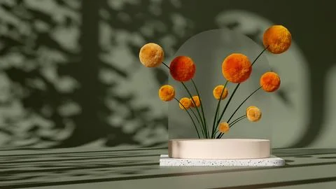 Podium display with a Craspedia plant on a solid green background. Stock Illustration