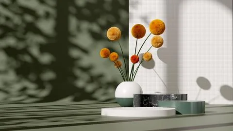 Podium display with a Craspedia plant on a solid green background. Stock Illustration