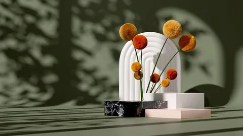 Podium display with a Craspedia plant on a solid green background. Stock Illustration