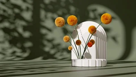 Podium display with a Craspedia plant on a solid green background. Stock Illustration