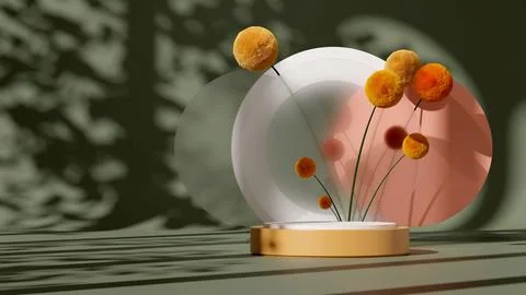 Podium display with a Craspedia plant on a solid green background. Stock Illustration