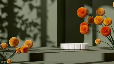 Podium display with a Craspedia plant on a solid green background. イラスト素材