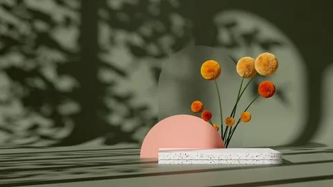 Podium display with a Craspedia plant on a solid green background. Stock Illustration