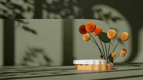 Podium display with a Craspedia plant on a solid green background. Stock Photos