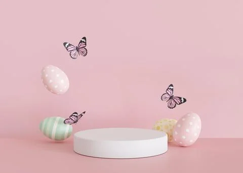 Podium with Easter eggs, butterflies and copy space. Modern stage for product Illustrazione stock