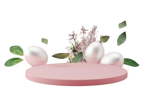 A podium for Easter features several decorative eggs and green leaves arran.. Stock Photos