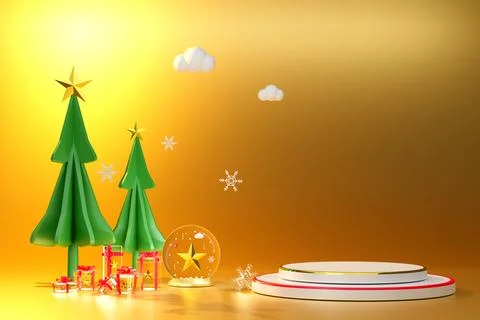 Podium empty and Christmas tree with gift box and ornaments in Gold composi.. Stock Illustration
