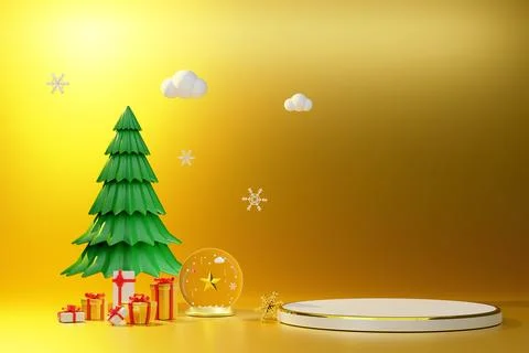 Podium empty and Christmas tree with gift box and ornaments in Gold composi.. Stock Illustration
