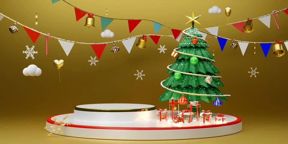 Podium Empty and Christmas tree with gift box and ornaments in Gold composi.. Stock Illustration