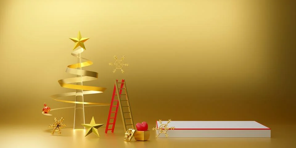 Podium empty and Christmas tree with gift box and ornaments in Gold composi.. Stock Illustration