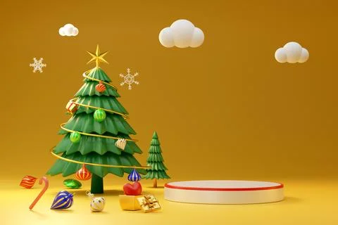 Podium empty and Christmas tree with gift box and ornaments in Gold composi.. Stock-Illustration